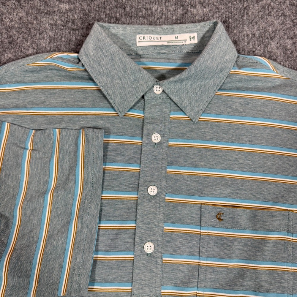Criquet Polo Shirt Striped Short Sleeve Mens Size M Blue Pima Cotton Workday EUC